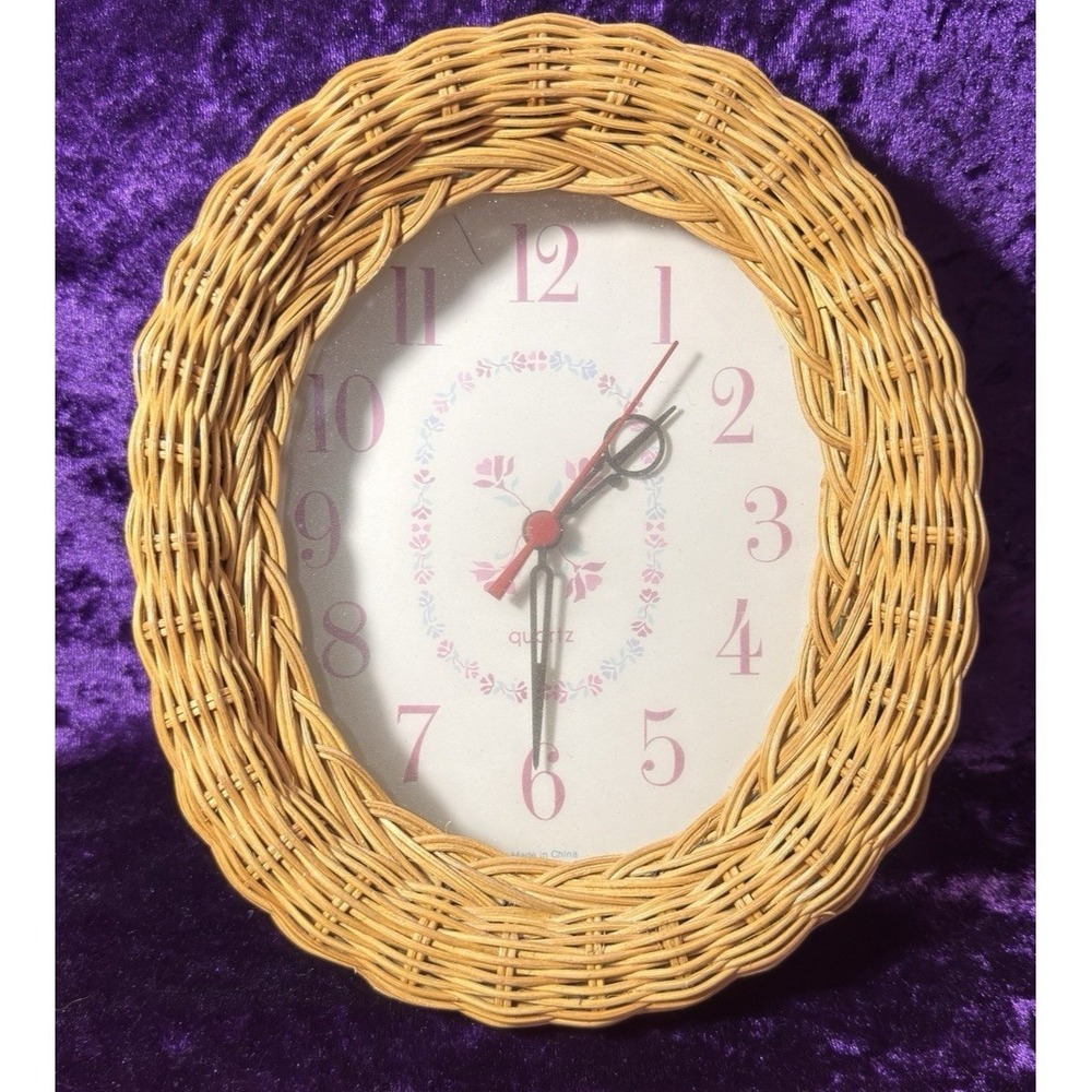 Wicker Wall Clock Rattan Vtg Oval Pink Floral Cottagecore Country Shabby Chic